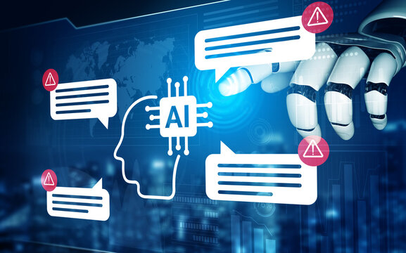 Digital illustration capturing the essence of artificial intelligence with a robot hand interacting with chat bubbles and alert symbols in a futuristic setting. Gantry