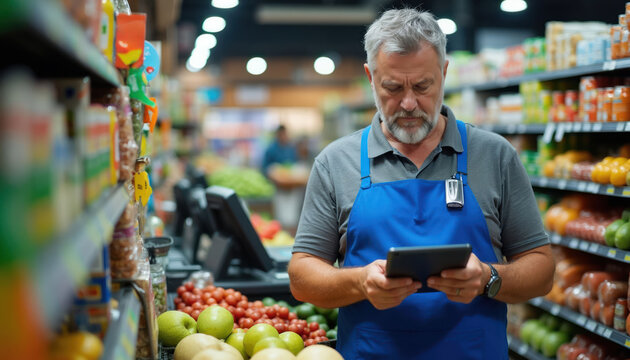 Elderly man cashier in blue apron checks stock on tablet. He works at supermarket checkout near produce. Store manager uses tech for business operations in a grocery.