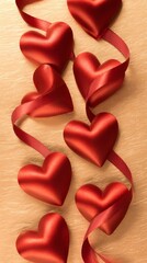 Fototapeta premium folded. Shiny red ribbon hearts arranged elegantly on a metallic surface, radiating love and warmth. event programs, museum guides, designed for cultural heritage projects and event programs. 