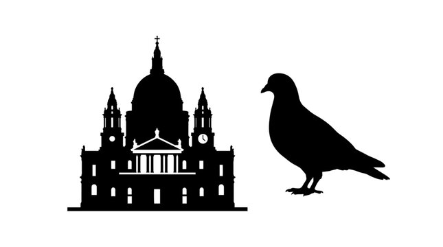 Vector silhouette of domed cathedral with towers and pigeon, classical architecture, cultural heritage, urban symbolism, nature contrast, timeless art