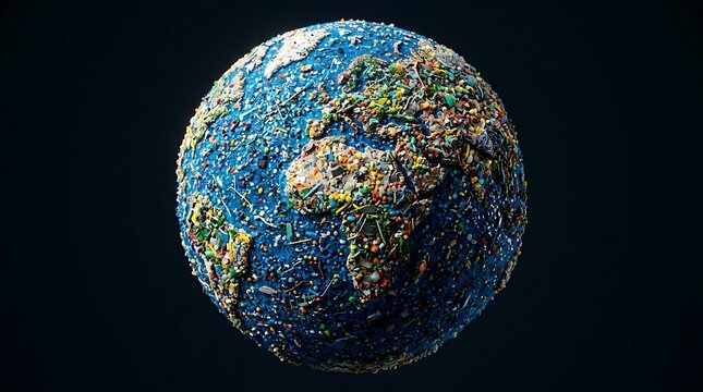 A detailed model of the Earth is constructed from a vast assortment of colorful and varied recycled plastic fragments, highlighting reuse.