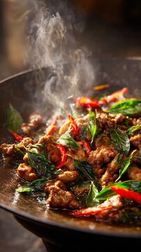 Pad krapow gai cooking in a traditional wok with aromatic steam rising