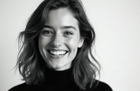 Black, white portrait of happy young woman with wide smile. Her cheerful expression, dimples convey genuine joy, beauty. Studio shot, clean background, perfect for lifestyle or cosmetic brands.