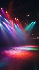 Empty dance floor illuminated by vibrant stage lights and a hanging disco ball
