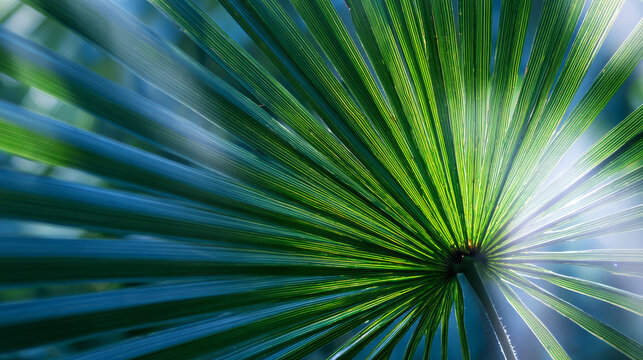 Palm leaf radiating green veins with light streaking across, creating an airy natural texture and glowing light effect