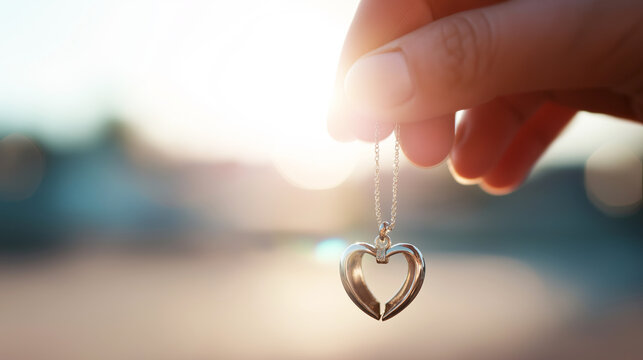 Hand holding open heart locket necklace against soft dreamy background, symbolizing love, romance, and cherished memories
