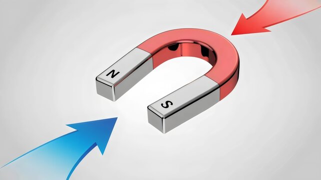 Metallic horseshoe magnet with N and S poles &ndash; Ideal for magnetism lessons, attraction and repulsion themes, or lab equipment ads.