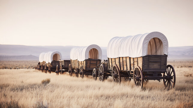 Line of covered wagons in dusty field under pale sky, symbolizing historical journey and pioneer spirit