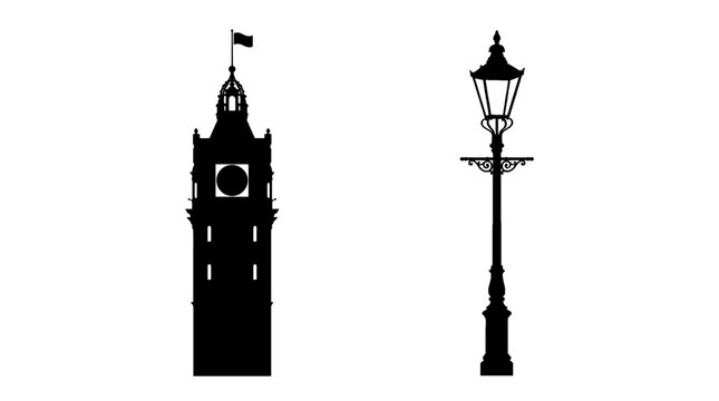Vector silhouette of historic clock tower and ornate street lamp, urban architecture, cultural heritage, timeless design, city landmark, elegant scenery