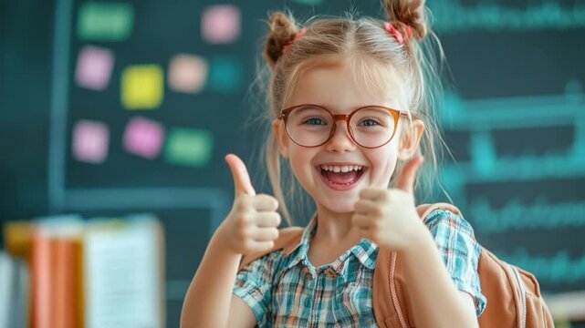 Happy schoolgirl in glasses giving two thumbs up with a cheerful smile in a classroom environment filled with colorful notes and a chalkboard backdrop for educational moments.