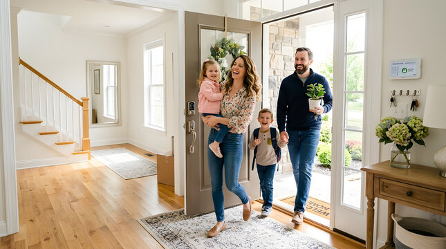 A family of four walking into their new home excitedly entering through the front door with a child being carried
