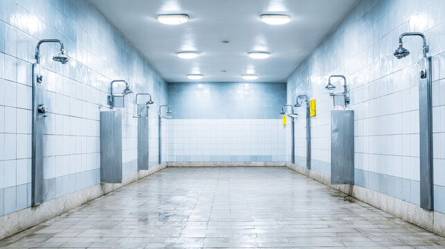 Empty public shower room with clean tiled walls and floor, featuring multiple shower heads and fluorescent lighting