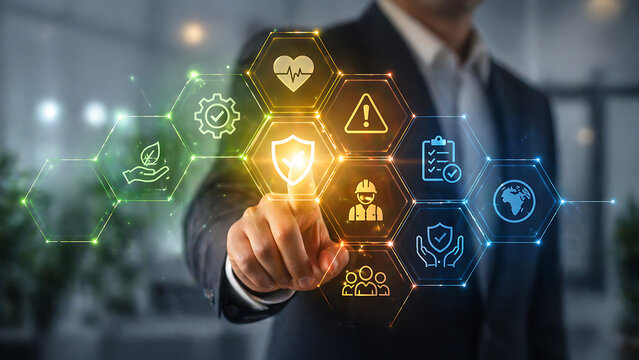 Professional businessman pressing glowing digital protection shield icons on virtual interface emphasizing world day for safety and health at work through modern corporate compliance systems