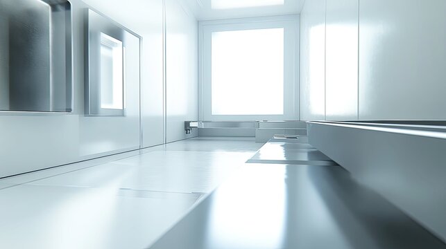 Bright minimalist sci fi interior with glossy white walls, reflective surfaces, and a large window creating a sterile, futuristic corridor like space bathed in soft illumination
