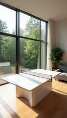 Obraz premium Minimalist room features white ping pong table, sofa, large window with forest view. Natural light streams in, creating a serene game space.
