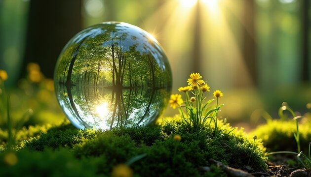 Glass sphere reflects green forest trees and water surface. Sun rays shine through trees onto mossy ground with yellow flowers. Nature scene in microcosm.