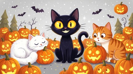 Obraz premium Three cats—white, black with yellow eyes, orange tabby—sitting before glowing jack-o’-lantern pumpkins, festive Halloween scene with sparkles, cozy cartoon autumn illustration.