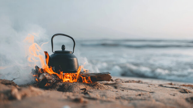 Kettle boiling over open fire on beach, generating steam, waves rolling in background, cozy outdoor scene