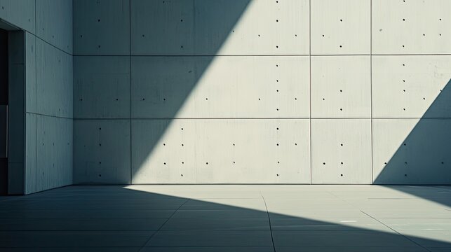 Bare concrete wall with panel grid and tiny tie hole pattern, diagonal sunlight casting bold shadows for a minimalist, geometric interior composition in raw industrial style