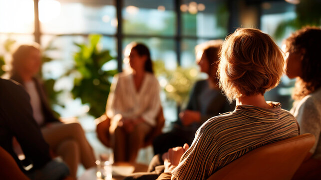 Over-the-shoulder silhouettes of a small group seated in a bright softly defocused office lounge for a support conversation, therapy session, workplace psychology, stress