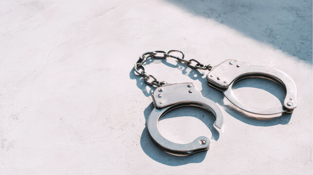 Metal handcuffs presenting concepts of law, justice, crime, or control on a light textured surface with shadows