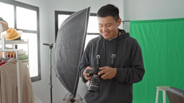 Man holding camera and smiling in studio with green screen, softbox and stool; confidence creativity.