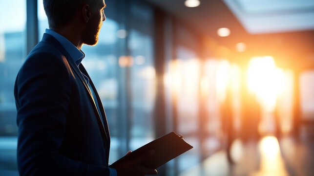 Silhouette of a figure holding a clipboard standing in a bright corporate lobby with softly defocused office interior, corporate professional, business casual, confident employee