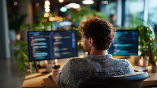 Over-the-shoulder silhouette of a figure seated at a bright modern loft desk with three monitors displaying colorful lines of code, softly defocused plants around, programmer