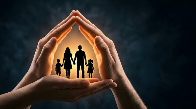 Hands forming a roof over a family silhouette with a warm light behind conveying a sense of safeguarding and love