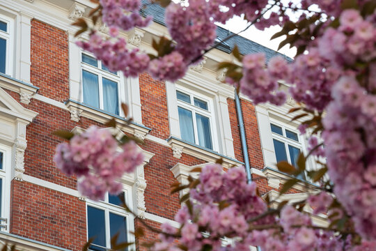 Fa&ccedil;ade of a beautiful brick apartment house in Hamburg in North Germany in spring