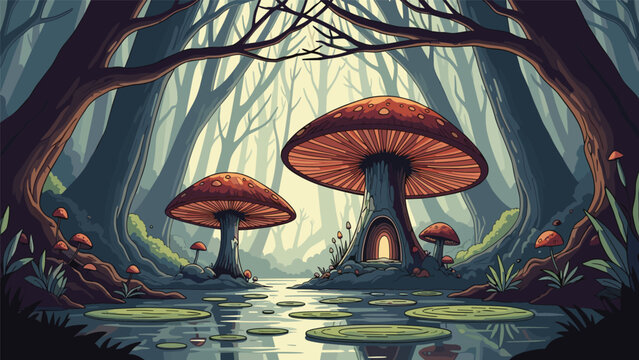 Magical forest landscape with giant glowing mushroom houses located along a serene river under a dense canopy of trees in a pixel style.