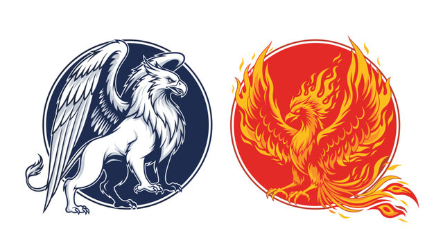 Two powerful circular logo designs featuring a white griffin on a blue background and a fiery phoenix rising on a vibrant red circle.