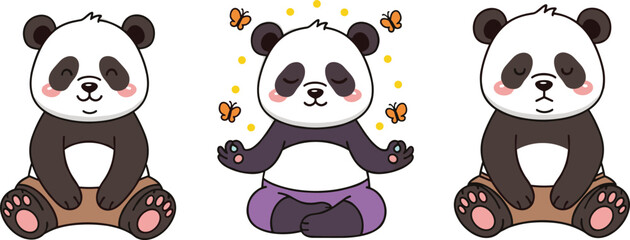 Three cute cartoon panda bear characters vector set featuring various meditation and yoga poses with butterflies and lotus position for mindfulness, wellness, and zen lifestyle designs. © MDSaiful