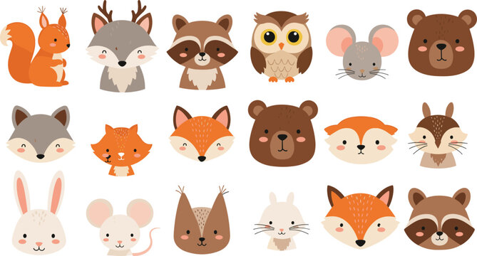 Large collection of cute cartoon woodland forest animal face vector set featuring fox, bear, owl, raccoon, squirrel, rabbit, and mouse for kids stickers and nursery decor.