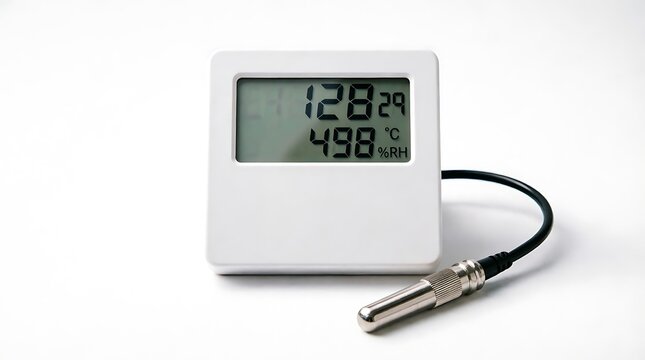 Digital thermometer and hygrometer device with a detachable sensor probe displaying temperature and humidity readings for environmental monitoring