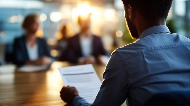 Over-the-shoulder silhouette of a seated figure across a bright office desk from two HR silhouettes reviewing a resume, softly defocused modern interior, recruitment interview, HR