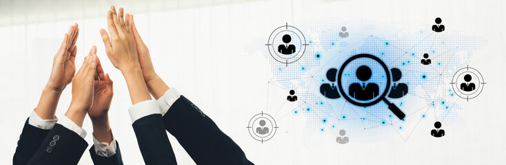 Obraz premium Concept of global talent acquisition and human resources. The process of headhunting and searching for qualified candidates worldwide to build a professional corporate workforce. Fermion