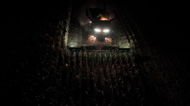 Gleaning - aerial video of a combine harvesting corn at night