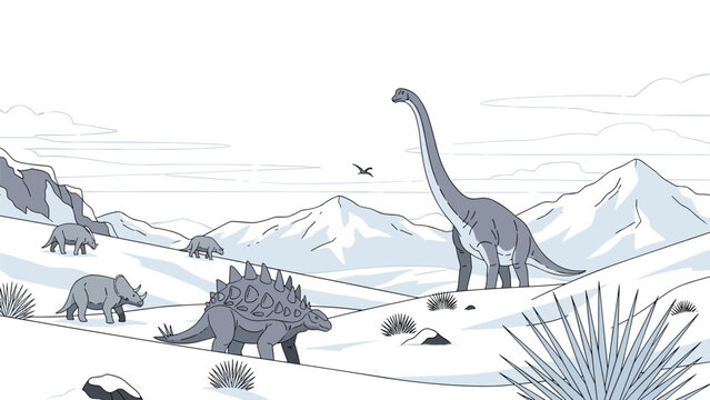 Detailed line art illustration of various dinosaurs like a brachiosaurus and stegosaurus in a wild prehistoric mountain landscape.