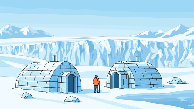 Cold arctic landscape showing a person in orange winter gear standing near two traditional snow igloos with ice mountains in the back.