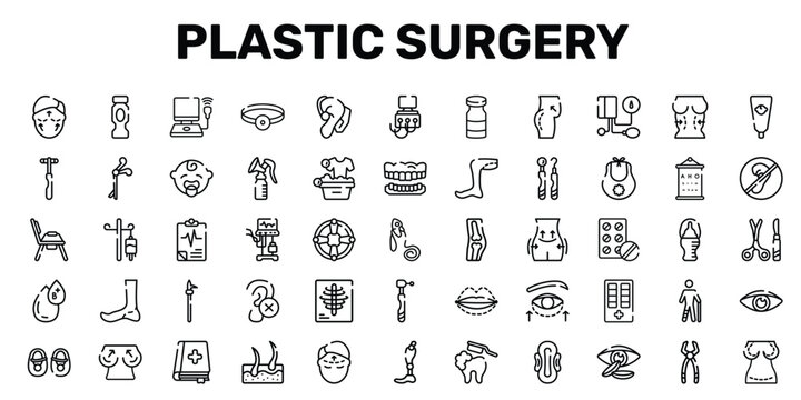 plastic surgery outline icon set featuring drip, ventilator, pike pole, augmentation icons.