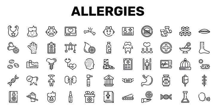allergies outline icon set featuring thalassotherapy, medical checkup, dizzy, sneeze icons.