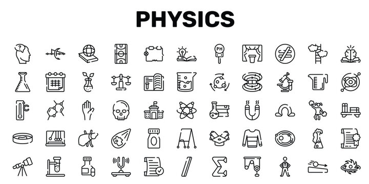 physics outline icon set featuring chemical bond, anthropology, liver, black hole icons.