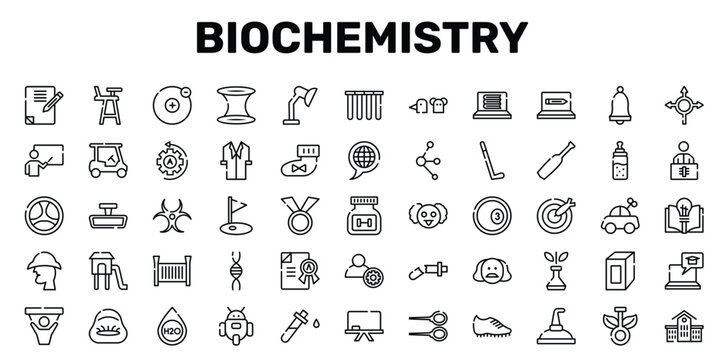 biochemistry outline icon set featuring rearview mirror, golf field, crib, kindergarten icons.