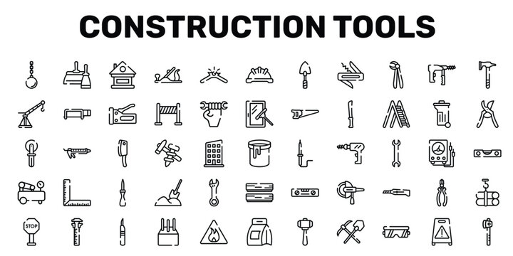 construction tools outline icon set featuring sealant, construction tools, null, wood cutter icons.