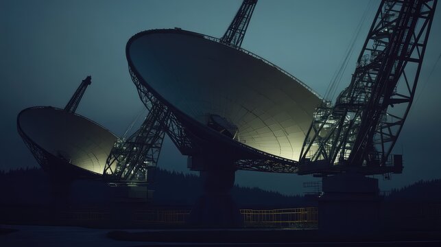 Large radio telescopes comprising an observatory are actively listening for signals from deep space, representing advanced science and extraterrestrial communication research
