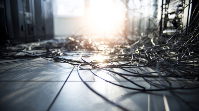 Tangled network cables on a data center floor showing connectivity issues and IT infrastructure chaos
