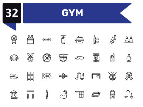 gym outline icon set featuring down indicator, swiss bar, goggle, resistance band icons.