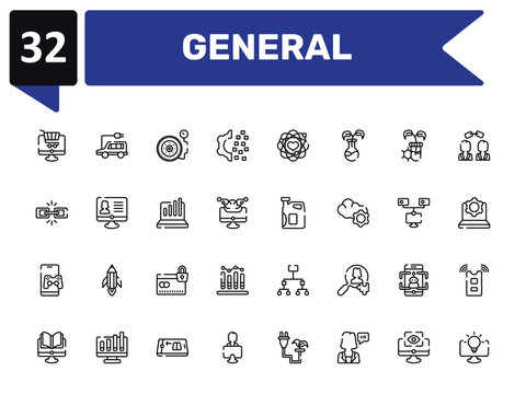 general outline icon set featuring ecommerce platform, inflate tire, engine oil, business intelligence icons.