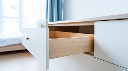 Fototapeta premium Empty open drawer of a white modern dresser showcasing clean wooden interior in a bright, airy bedroom setting